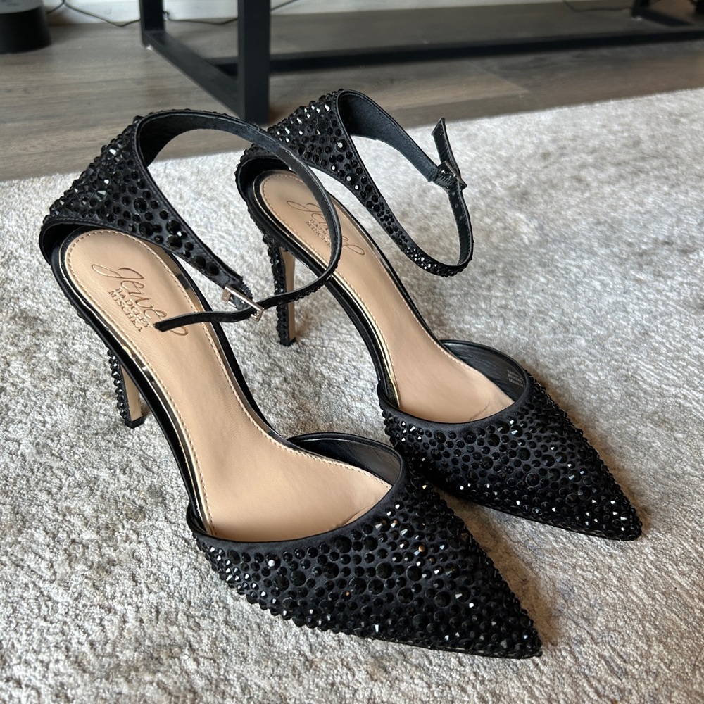 Jewel Badgley Mischka Black Crystal Ankle Strap Heels size 9